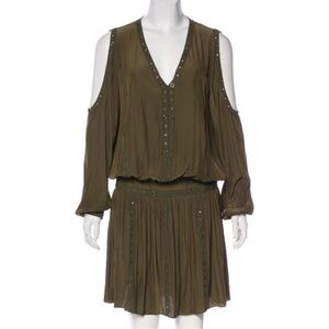 Ramy Brook Long Sleeve Cold Shoulder Studded Olive Green Silk Dress Sz M